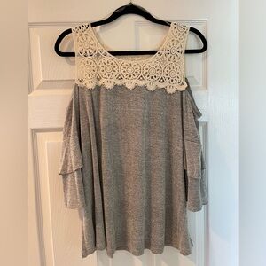 Umgee Gray Cold Shoulder Shirt with Cream Lace